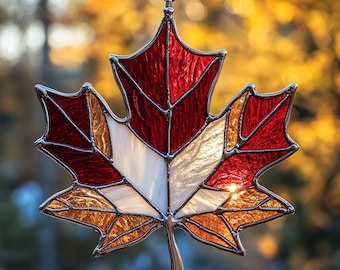 SALE 50% Canadian Maple Leaf REAL Stained Glass Suncatcher – Handmade Fall Leaf Window Ornament Gift Fall Garden Decor