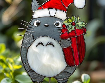 Totoro, adorno para plantas de vitral auténtico, hecho a mano para colgar en la ventana, decoración de criatura del bosque, regalo de Navidad 2025