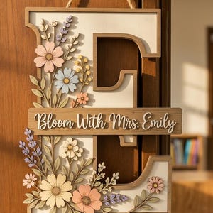 Personalized Floral Teacher Door Sign, Custom Initial Teacher Name Sign, Wooden Classroom Door Hanger, Teacher Appreciation Gift