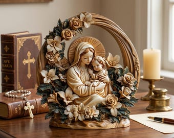 Maagd Maria en baby Jezus Decor houtsnijwerk, religieuze bloemensculptuur, katholieke moeder Maria cadeau