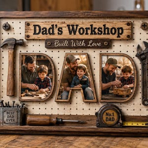 Puede incluir: Marco de fotos de madera con el texto "Dad's Workshop" y "Built With Love". La pantalla incluye la palabra "DAD" con fotos dentro de cada letra. Herramientas como un martillo, una llave y un destornillador están adheridas al marco.