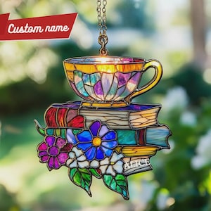 Attrape-soleil en acrylique pour tasses à thé et livres - Suspension florale en faux vitrail pour les amateurs de lecture