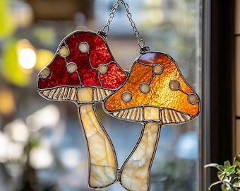 Whimsical Woodland Mushroom Cluster Real Stained Glass Window Suncatcher | Cottagecore Home Decor