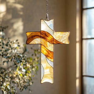 REAL Stained Glass Cross Suncatcher Draped Ribbon Christian Window Hanging Faith Home Decor Gift Religious Gift Jesus Cross Suncatcher