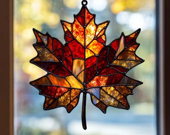 Accrochage de fenêtre en acrylique feuille d'érable d'automne | Décoration d'intérieur attrape-soleil en faux vitrail d'automne rustique