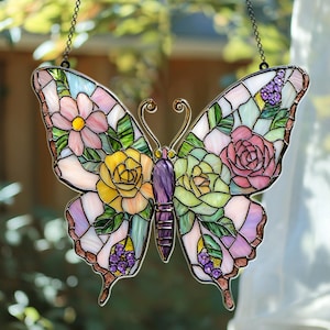 Pastel Butterfly Faux Stained Glass Suncatcher, Acrylic Floral Window Hanging, Nature Inspired Decor Gift Birthday Gift