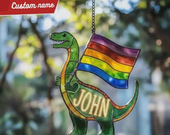 Regenbogen Dino Fensterschmuck - Faux Buntglas Acryl Suncatcher - LGBTQ Pride Dinosaurier Geschenk