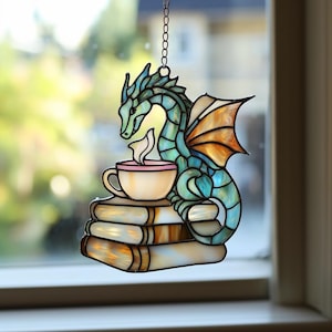 Dragon With Teacup Stained Glass Suncatcher, Fantasy Book Lover Window Hanging, Handmade Dragon Sun Catcher Gift