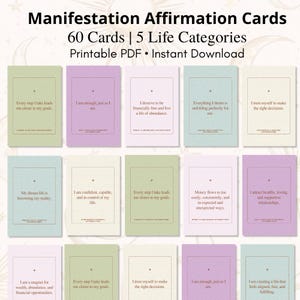 Op de afbeelding: Een verzameling van 60 affirmatiekaarten in pastelkleuren, met inspirerende zinnen. De kaarten zijn verdeeld in 5 levenscategorieën en beschikbaar als een printbare PDF-download. De tekst "Manifestation Affirmation Cards" staat bovenaan.