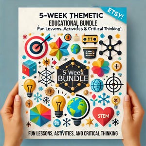 Puede incluir: Un paquete educativo colorido con el texto "5-WEEK THEMETIC EDUCATIONAL BUNDLE" y "Fun Lessons, Activities, and Critical Thinking." El diseño incluye varios iconos como una diana, un globo terráqueo, bombillas y un corazón con "STEM". El logo de Etsy está presente.