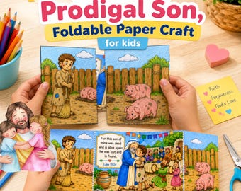 放蕩息子の折りたたみ式ペーパークラフト（子供向け）、聖書物語の印刷可能なアクティビティ、日曜学校の工作、VBSキリスト教印刷用PDF、聖書レッスン