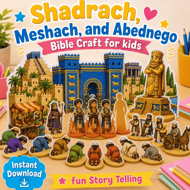 May include: A vibrant Bible craft set for children, with the text "Shadrach, Meshach, and Abednego." The set includes illustrated figures, buildings, and the words "Instant Download" and "fun Story Telling."