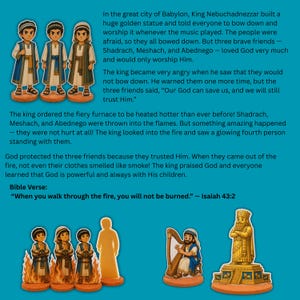May include: A colourful illustration for children, depicting a biblical narrative. The image features three figures in traditional dress, a golden statue, a harpist, and figures in flames. Text includes a Bible verse.