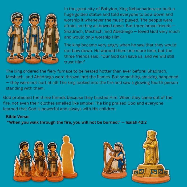 May include: A colourful illustration for children, depicting a biblical narrative. The image features three figures in traditional dress, a golden statue, a harpist, and figures in flames. Text includes a Bible verse.