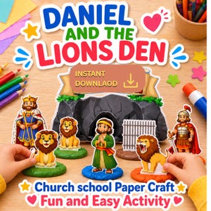 Könnte beinhalten: Ein farbenfrohes Papierbastelset mit dem Text "DANIEL AND THE LIONS DEN". Das Set enthält illustrierte Figuren von Daniel, Löwen, einem König und einem römischen Soldaten. Der Text "Church school Paper Craft Fun and Easy Activity" ist ebenfalls sichtbar.