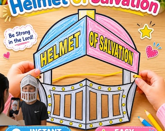 救いのヘルメットのペーパークラフト（子供向け印刷可能）｜神の鎧｜日曜学校聖書｜VBSキリスト教アクティビティ｜着用可能なヘルメットPDF