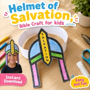 May include: A colorful, handmade "Helmet of Salvation" craft for kids. The helmet is blue, pink, and green with the word "SALVATION" on it. The image also includes the text "Bible Craft for kids", "Instant Download", and "Easy and Fun".