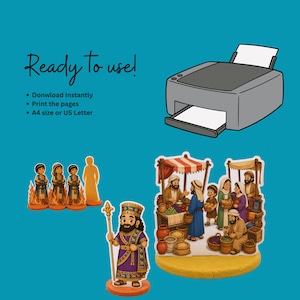 May include: Digital printables with biblical illustrations. The image shows a king, figures, and a marketplace scene. A printer is also present, along with the text "Ready to use!" and instructions for downloading and printing, A4 size or US Letter.