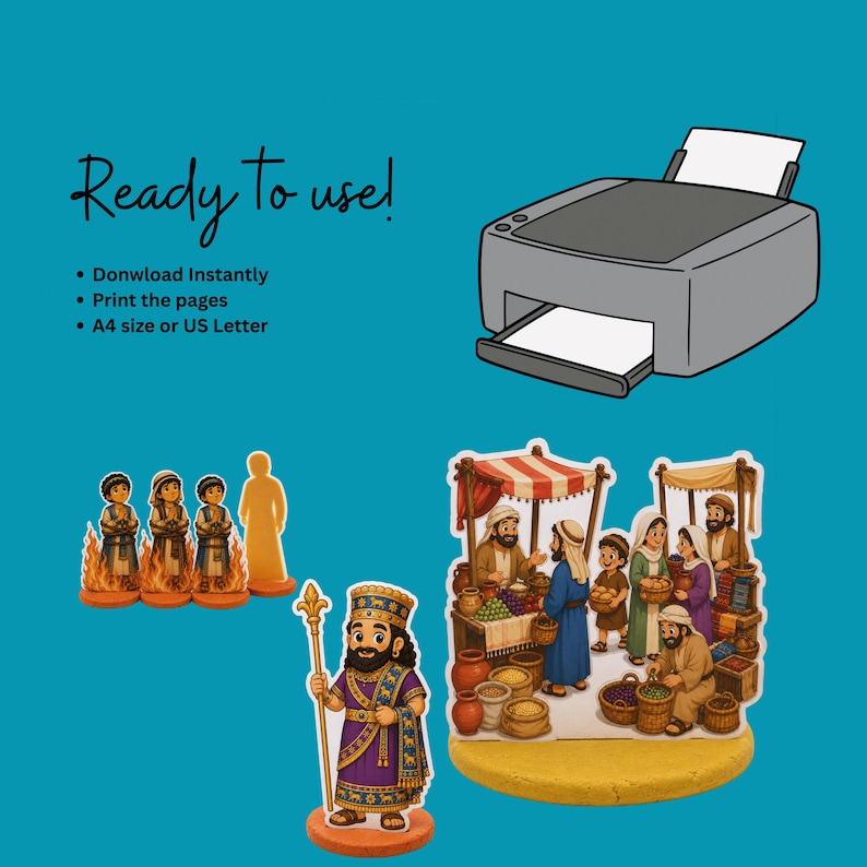 May include: Digital printables with biblical illustrations. The image shows a king, figures, and a marketplace scene. A printer is also present, along with the text "Ready to use!" and instructions for downloading and printing, A4 size or US Letter.