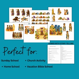 May include: Illustrated Bible story scenes featuring figures in robes, kings, and architectural settings. The image includes the text "COMES WITH STORY TELLING", along with "Perfect for:" and the options "Sunday School", "Church Activity", "Home School", and "Vacation Bible School".
