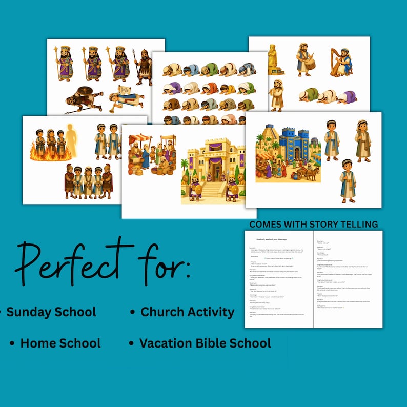 May include: Illustrated Bible story scenes featuring figures in robes, kings, and architectural settings. The image includes the text "COMES WITH STORY TELLING", along with "Perfect for:" and the options "Sunday School", "Church Activity", "Home School", and "Vacation Bible School".
