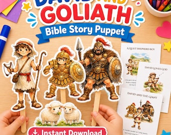 David & Goliath Clip art with Storybook | Bible Puppet set Story for Kids | Sunday School Lesson | Church School PDF | Children Bible Study