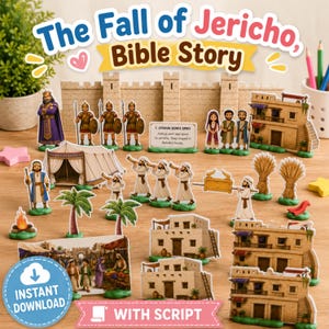 Puede incluir: Un conjunto de figuras y estructuras de papel que representan la historia bíblica de la caída de Jericó. Incluye un muro de piedra, casas, soldados, una tienda de campaña, palmeras, gavillas de trigo y figuras cargando el Arca de la Alianza.