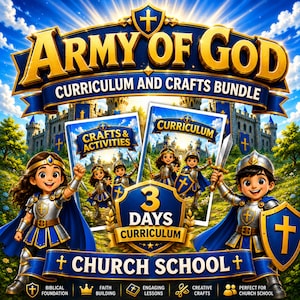 May include: A digital graphic titled Army of God Curriculum and Crafts Bundle featuring two illustrated books, a 3 Days Curriculum badge, and two cartoon children dressed as knights in blue and gold armor with swords and shields against a castle.