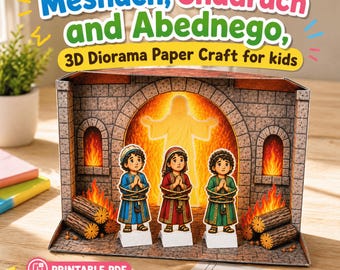 メシャク、シャドラク、アベデネゴの3Dジオラマペーパークラフト（子供向け）、聖書クラフト印刷用PDF、日曜学校アクティビティ、クラフトキット