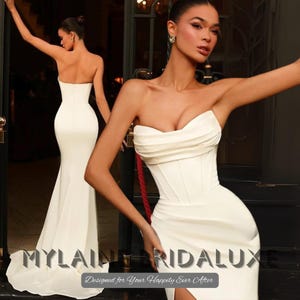 Custom Made Strapless Satin Wedding Dress with Corset Bodice, High Slit, Mermaid Train, Sexy Open Back Bridal Gown