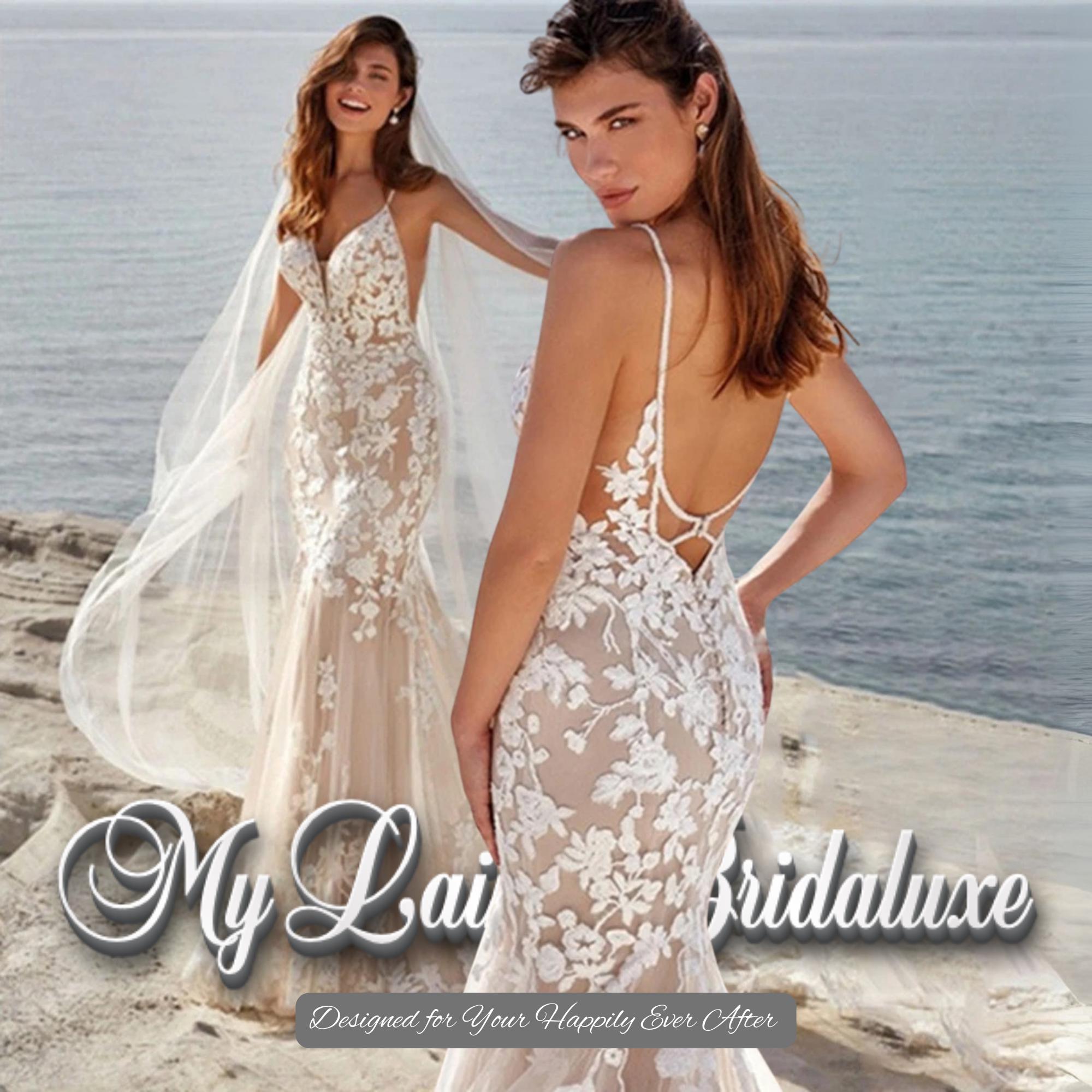 knee length dresses for ladies Stunning A-line Spaghetti Straps Lace Wedding Dress with Low Back