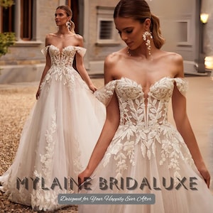 Custom Made Off Shoulder Lace Applique Wedding Dress, A-Line Tulle Bridal Gown, Sweetheart Corset Bodice, Chapel Train