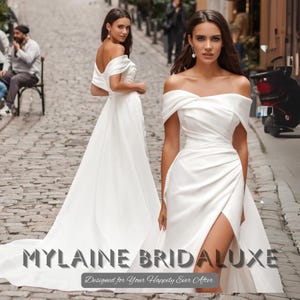 Custom Satin A-Line Wedding Dress: Off-Shoulder Bridal Gown with Slit