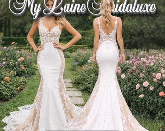 Vestido de novia de sirena de encaje hecho a medida con laterales transparentes, escote en V profundo, espalda descubierta y cola larga – Elegante vestido de novia