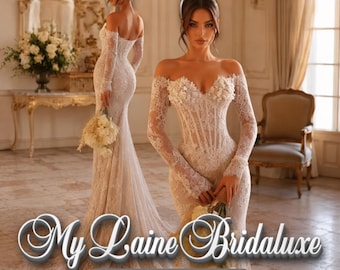 Custom Made Lace Wedding Dress with Long Sleeves, Off Shoulder Corset Bodice, Floral Appliqué, Fit and Flare Train Bridal Gown