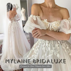 Custom Made Off Shoulder Lace Wedding Dress, Floral Appliqué A-Line Bridal Gown, Puff Sleeve Corset Back Chapel Train