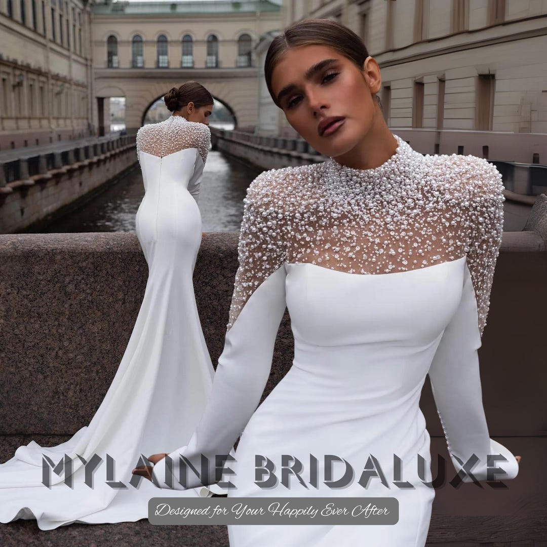 Custom Made Pearl Embellished Wedding Dress Long Sleeve Fitted Bridal Custom Made Pearl Embellished Wedding Dress Long Sleeve Fitted Bridal