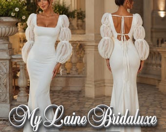 Custom Made Mermaid Wedding Dress, Square Neck Bridal Gown, Puff Sleeve Wedding Dress, Open Back, Minimalist Satin Train