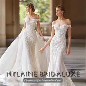 Custom Made Off Shoulder Lace Wedding Dress with Detachable Train, Fit and Flare Bridal Gown, Elegant Mermaid Style