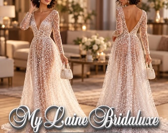 May include: A floor-length, long-sleeved gown covered in silver sequins with a deep V-neckline and an open back, paired with a small beaded handbag. The text "My Laine Bridaluxe" and "Designed for Your Happily Ever After" is visible.