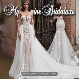 Custom Made Mermaid Wedding Dress, Sheer Corset Bridal Gown with Detachable Overskirt, 3D Floral Lace, Chapel Train