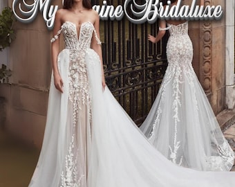 Custom Made Mermaid Wedding Dress, Sheer Corset Bridal Gown with Detachable Overskirt, 3D Floral Lace, Chapel Train