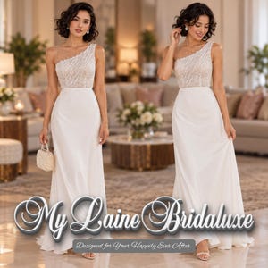 Puede incluir: Un vestido blanco largo hasta el suelo con escote asimétrico, un corpiño transparente adornado con intrincados abalorios y una falda fluida. El texto My Laine Bridaluxe Designed for Your Happily Ever After es visible.