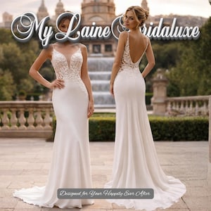 Modern Lace Mermaid Wedding Dress, Deep V Neck Spaghetti Strap Bridal Gown with Open Back & Sweep Train