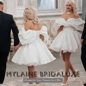 Custom Made Short Wedding Dress, Puff Sleeve Off Shoulder Mini Bridal Gown, Corset Back Puffy Skirt Reception or Elopement Dress