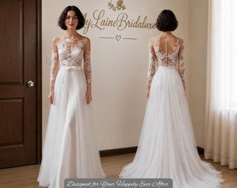 Custom-Made Sheath Wedding Dress, Long Sleeve Lace Bridal Gown, Illusion Bateau Neckline, Open Back, Tulle Train