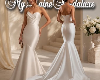 Custom Made Classic Mermaid Wedding Dress, Strapless V-Neck Satin Bridal Gown, Pleated Civil Wedding Dress for Modern Bride