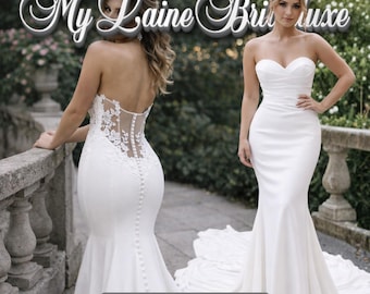Simple Strapless Mermaid Wedding Dress with Train – Fitted Bridal Gown with Sheer Lace Back – Elegant Modern Gown for Bride