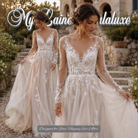 sheer boho wedding dress Boho Wedding Dress Bridal Gown V-Neck Backless Lace Applique A Line Sheer Custom