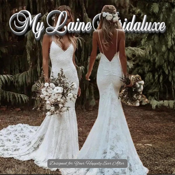 Custom Made Lace Mermaid Wedding Dress, V Neck Spaghetti Strap Bridal Gown, Low Open Back, Sweep Train Beach Boho Bride